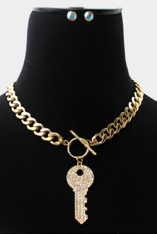 Crystal Rhinestone Key Pendant Necklace Set SALE!