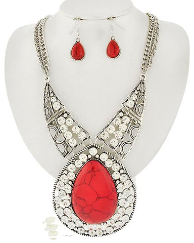 Red Stone Teardrop Necklace Set