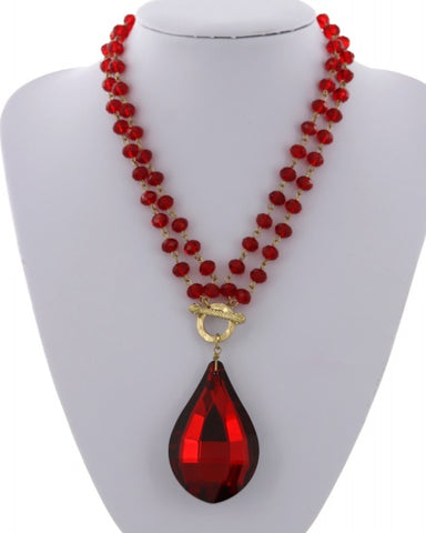 Red Tear Drop Glass Pendant Necklace