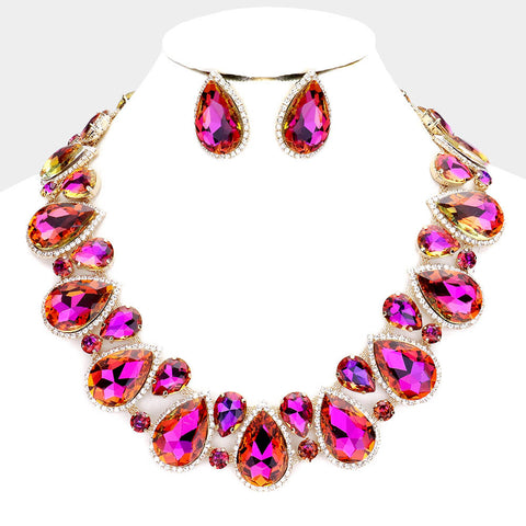 Fushy Pink Crystal Necklace  Set