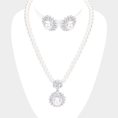 Floral Crystal Pendant Pearl Necklace