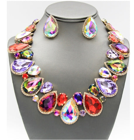 Crystal Teardrop Collar Necklace Set